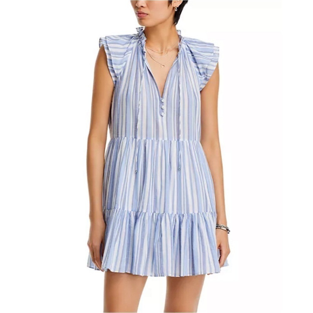 Veronica Beard Jeans Zee Dress‎ Blue Multi Striped Tiered Ruffle Mini 10